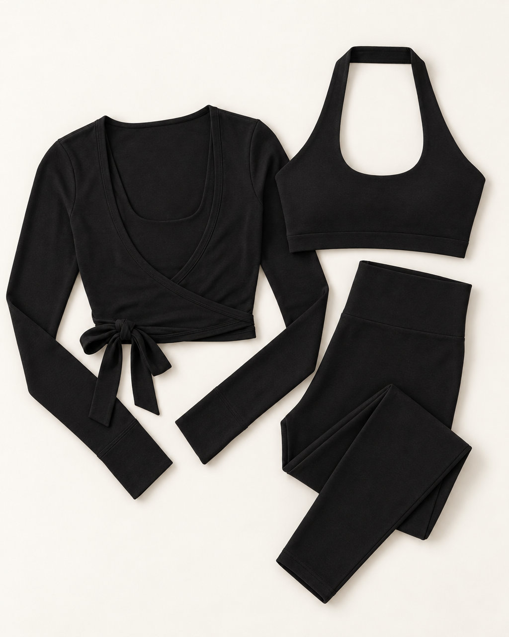 Ballet Wrap Top, Halter Bra & Leggings Set - Shadow Black flat lay