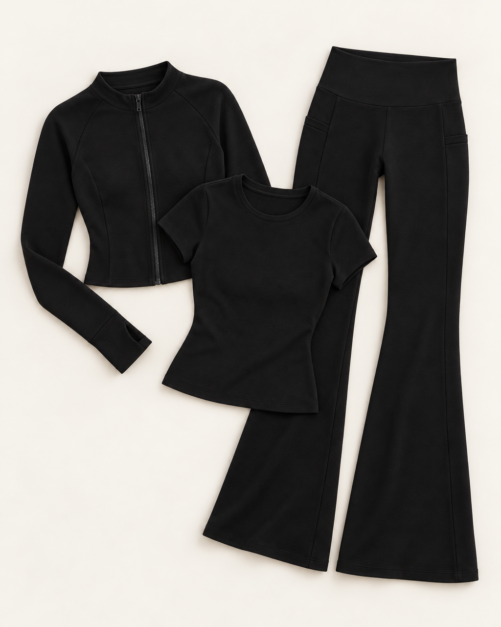 Zip-Up Jacket, Fitted Tee & Flares Set - Shadow Black flat lay
