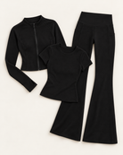 Zip-Up Jacket, Fitted Tee & Flares Set - Shadow Black flat lay
