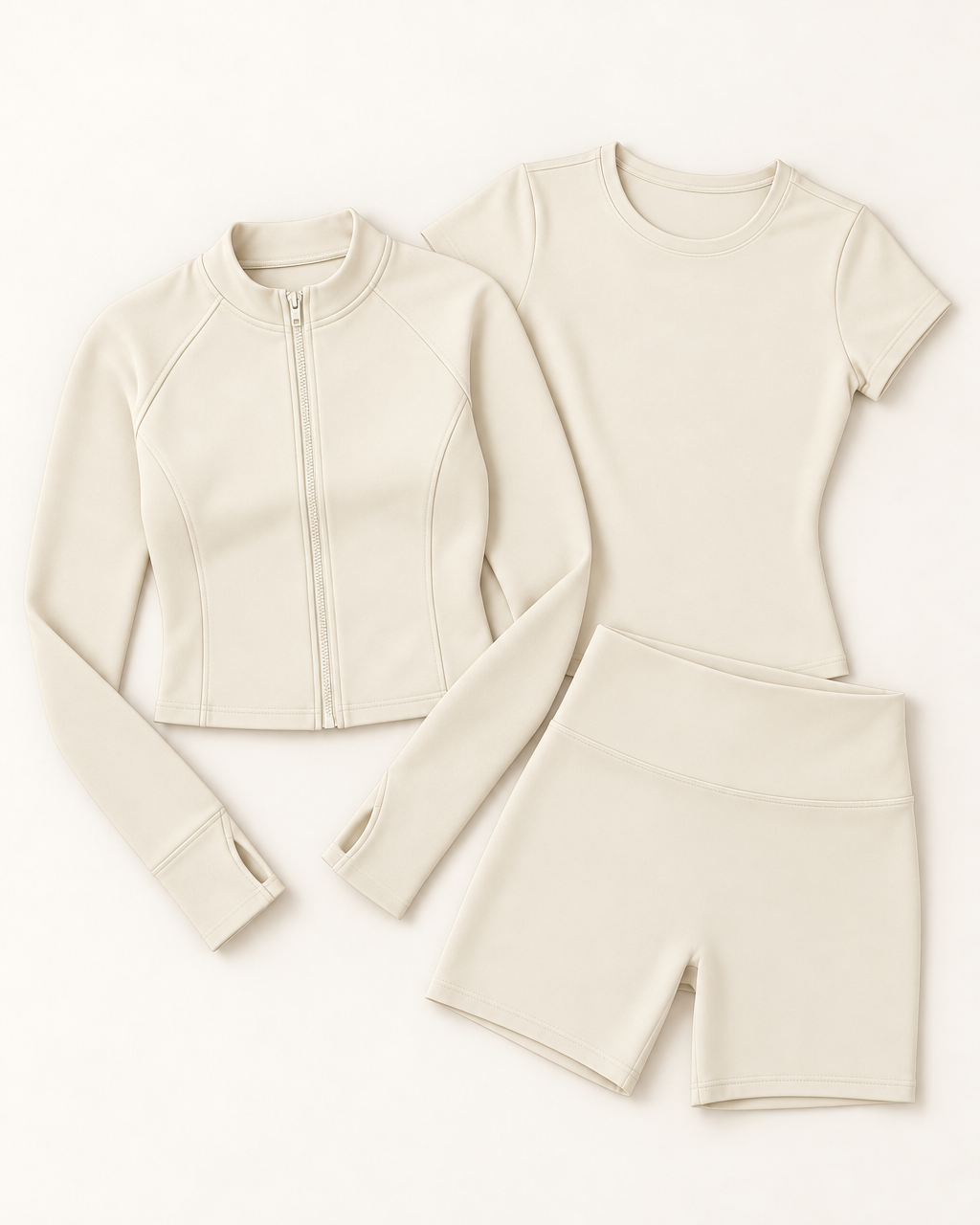 Zip-Up Jacket, Fitted Tee & Shorts Set - Ivory White flat lay