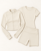 Zip-Up Jacket, Fitted Tee & Shorts Set - Ivory White flat lay