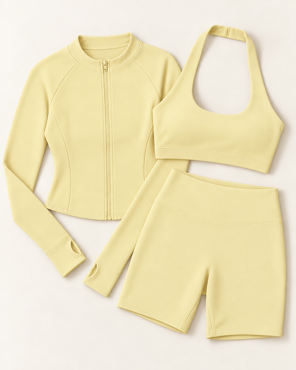 Zip-Up Jacket, Halter Bra & Shorts Set - Buttercream flat lay