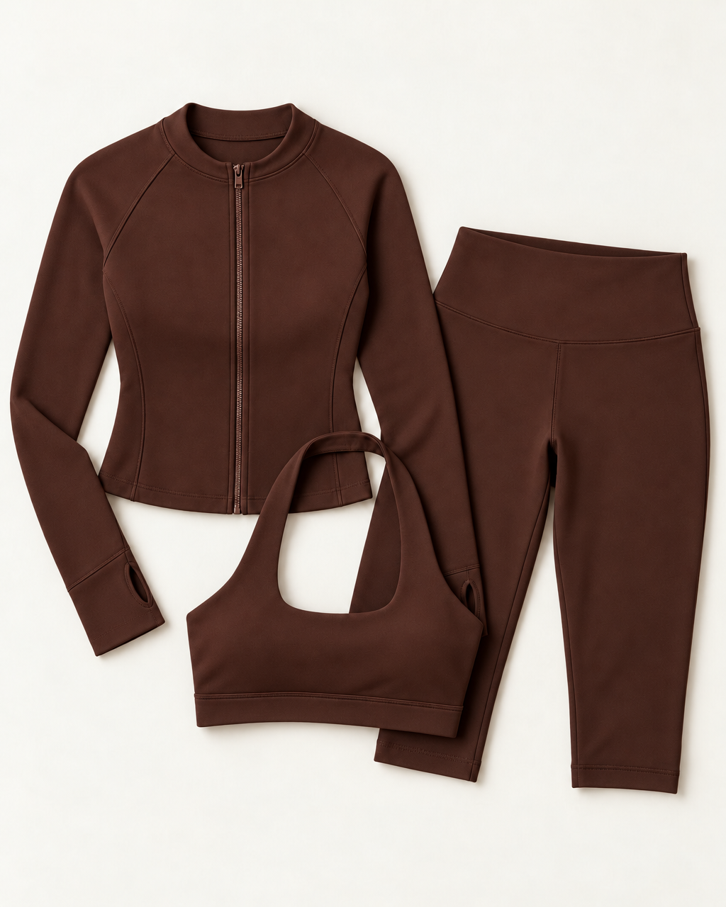Zip-Up Jacket, Halter Bra & Capris Set - Chocolate Brown flat lay