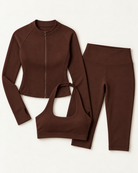 Zip-Up Jacket, Halter Bra & Capris Set - Chocolate Brown flat lay