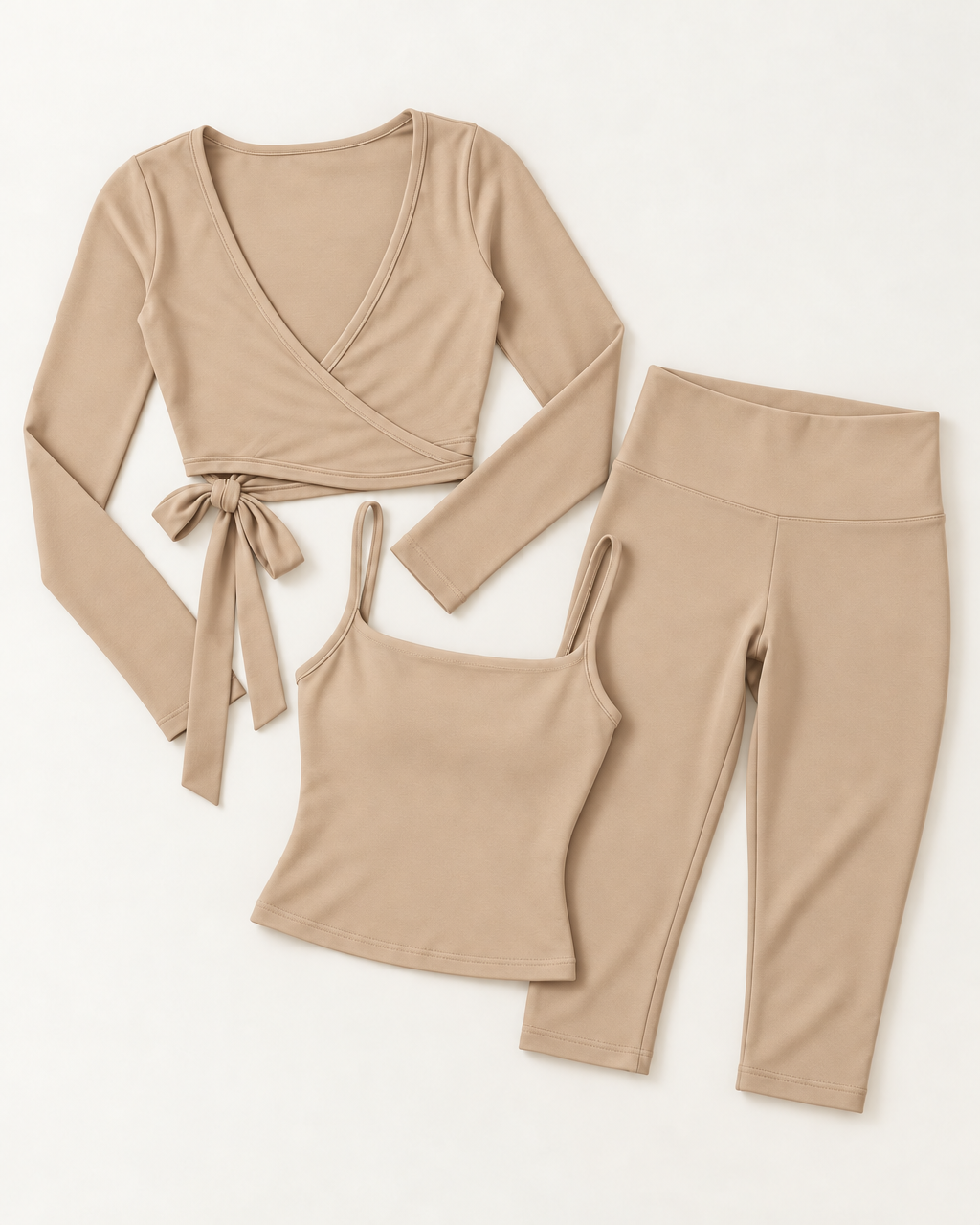 Ballet Wrap Top, Square Neck Vest & Capris Set - Tan flat lay