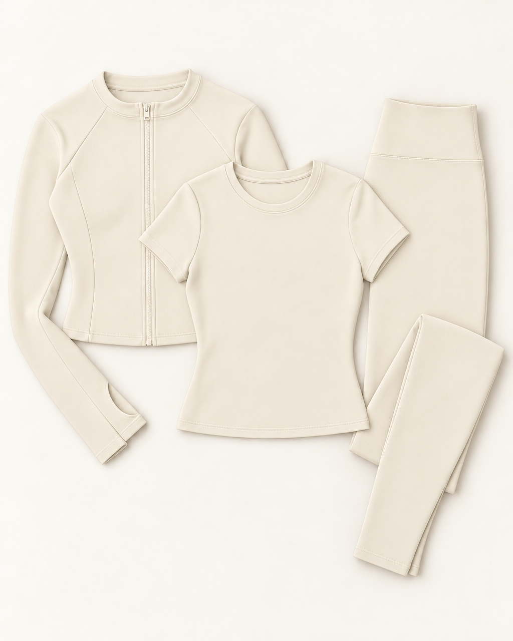 Zip-Up Jacket, Fitted Tee & Leggings Set - Ivory White flat lay
