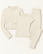 Zip-Up Jacket, Fitted Tee & Leggings Set - Ivory White flat lay