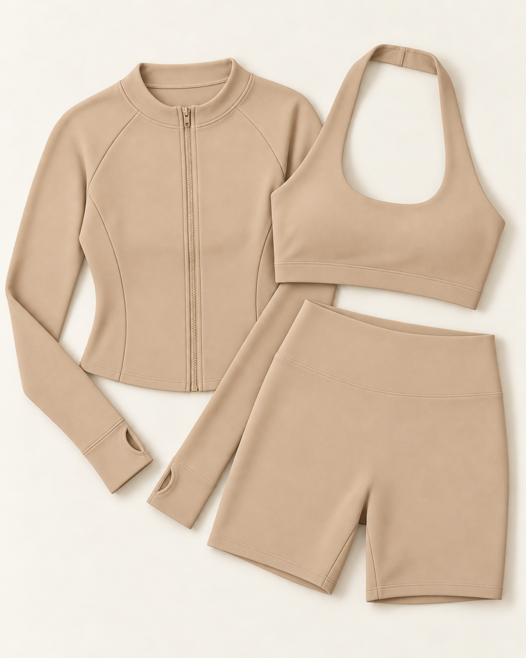 Zip-Up Jacket, Halter Bra & Shorts Set - Tan flat lay