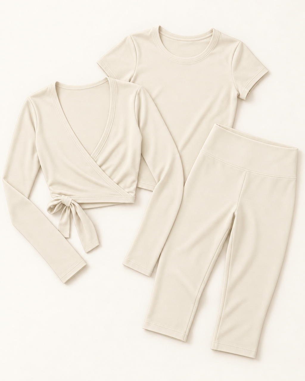 Ballet Wrap Top, Fitted Tee & Capris Set - Ivory White flat lay