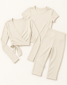 Ballet Wrap Top, Fitted Tee & Capris Set - Ivory White flat lay
