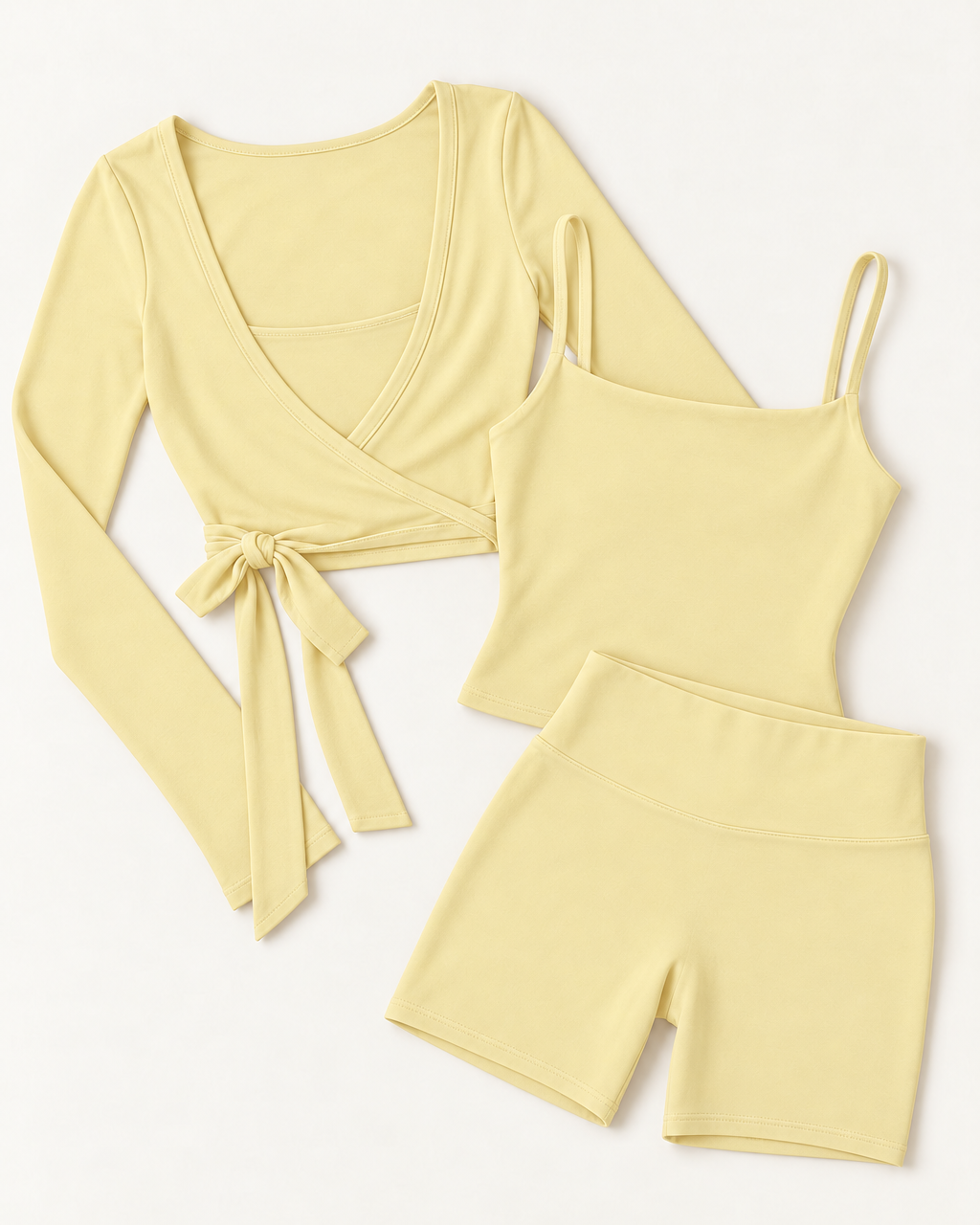 Ballet Wrap Top, Square Neck Vest & Shorts Set - Buttercream flat lay