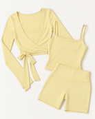 Ballet Wrap Top, Square Neck Vest & Shorts Set - Buttercream flat lay
