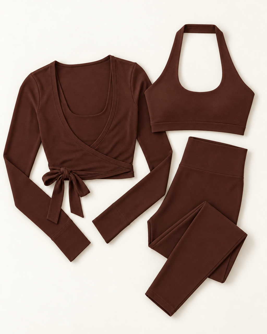 Ballet Wrap Top, Halter Bra & Leggings Set - Chocolate Brown flat lay