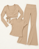 Ballet Wrap Top, Fitted Tee & Flares Set - Tan flat lay