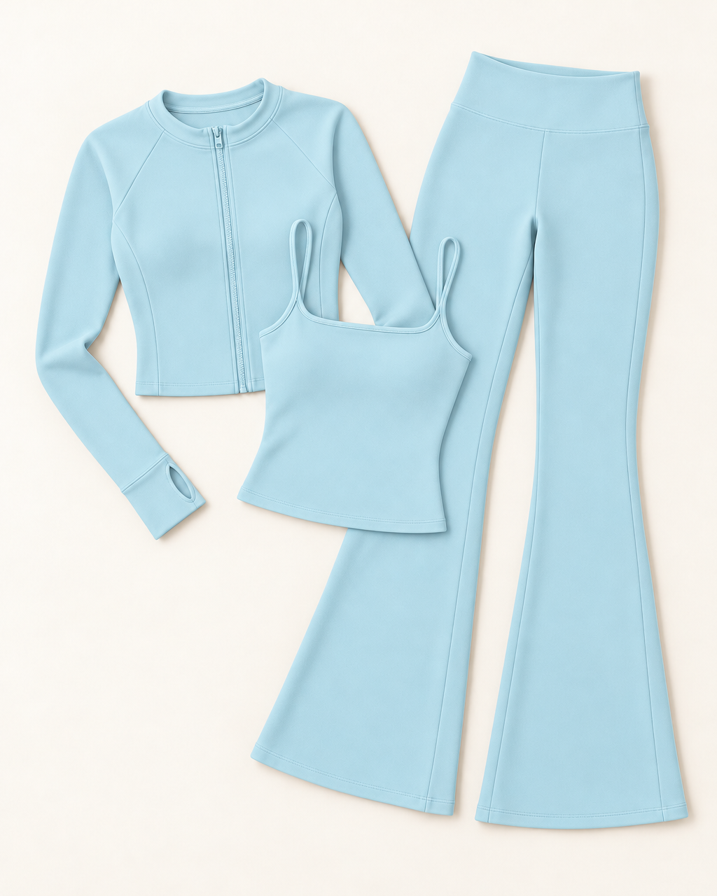 Zip-Up Jacket, Square Neck Vest & Flares Set - Powder Blue flat lay