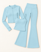 Zip-Up Jacket, Square Neck Vest & Flares Set - Powder Blue flat lay
