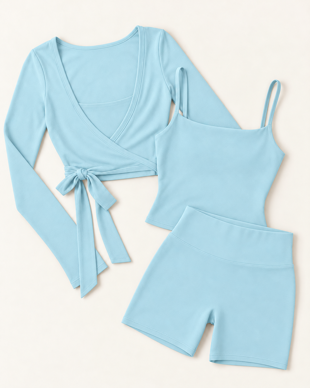 Ballet Wrap Top, Square Neck Vest & Shorts Set - Powder Blue flat lay