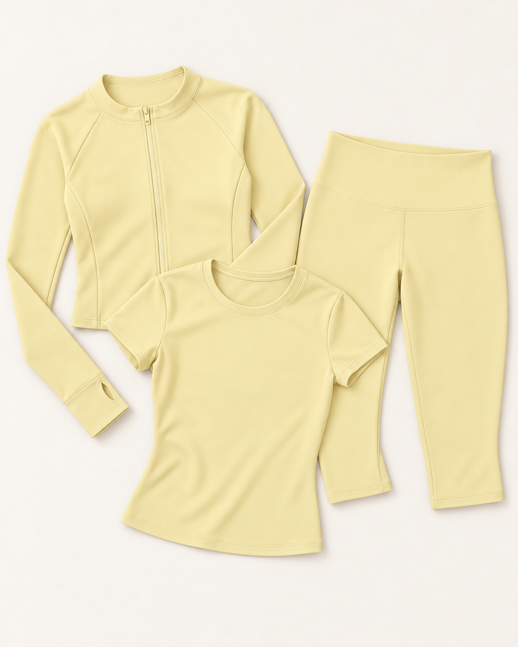 Zip-Up Jacket, Fitted Tee & Capris Set - Buttercream flat lay