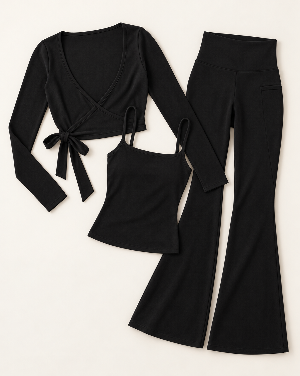 Ballet Wrap Top, Square Neck Vest & Flares Set - Shadow Black flat lay