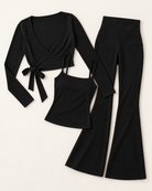 Ballet Wrap Top, Square Neck Vest & Flares Set - Shadow Black flat lay