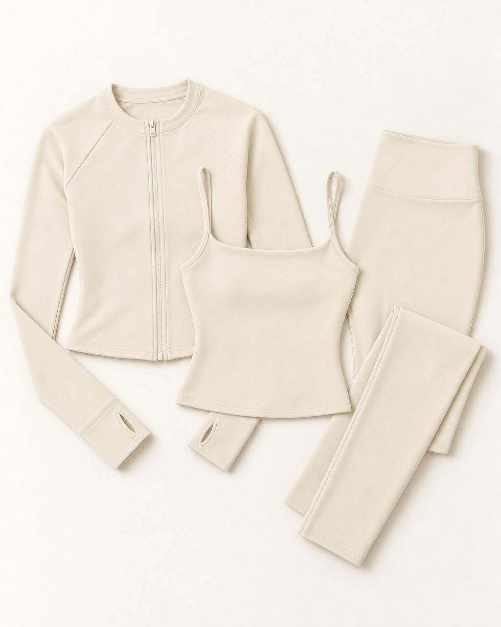 Zip-Up Jacket, Square Neck Vest & Leggings Set - Ivory White flat lay