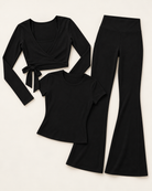 Ballet Wrap Top, Fitted Tee & Flares Set - Shadow Black flat lay