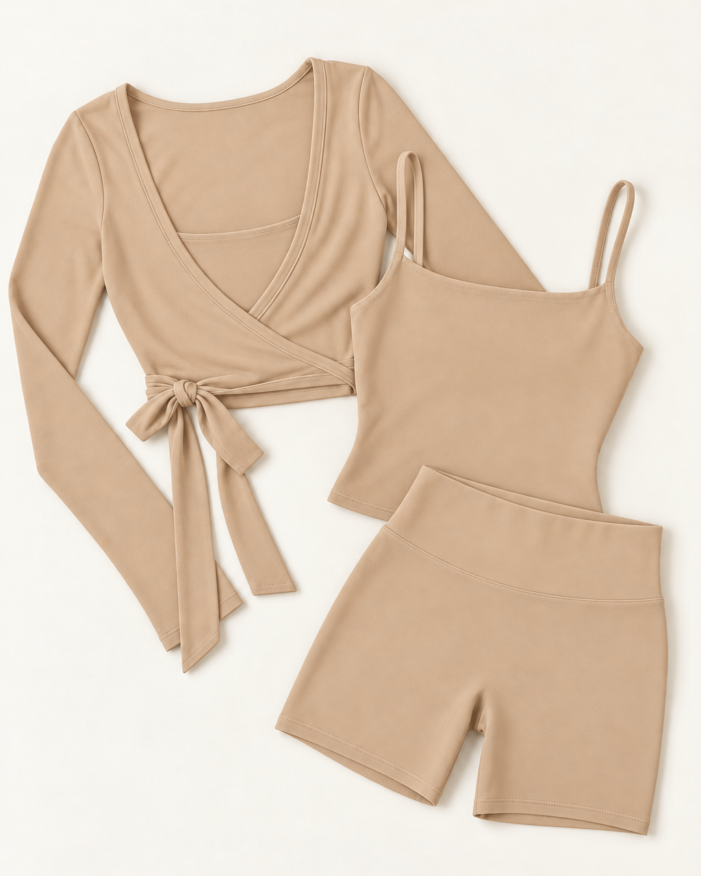 Ballet Wrap Top, Square Neck Vest & Shorts Set - Tan flat lay