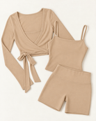 Ballet Wrap Top, Square Neck Vest & Shorts Set - Tan flat lay