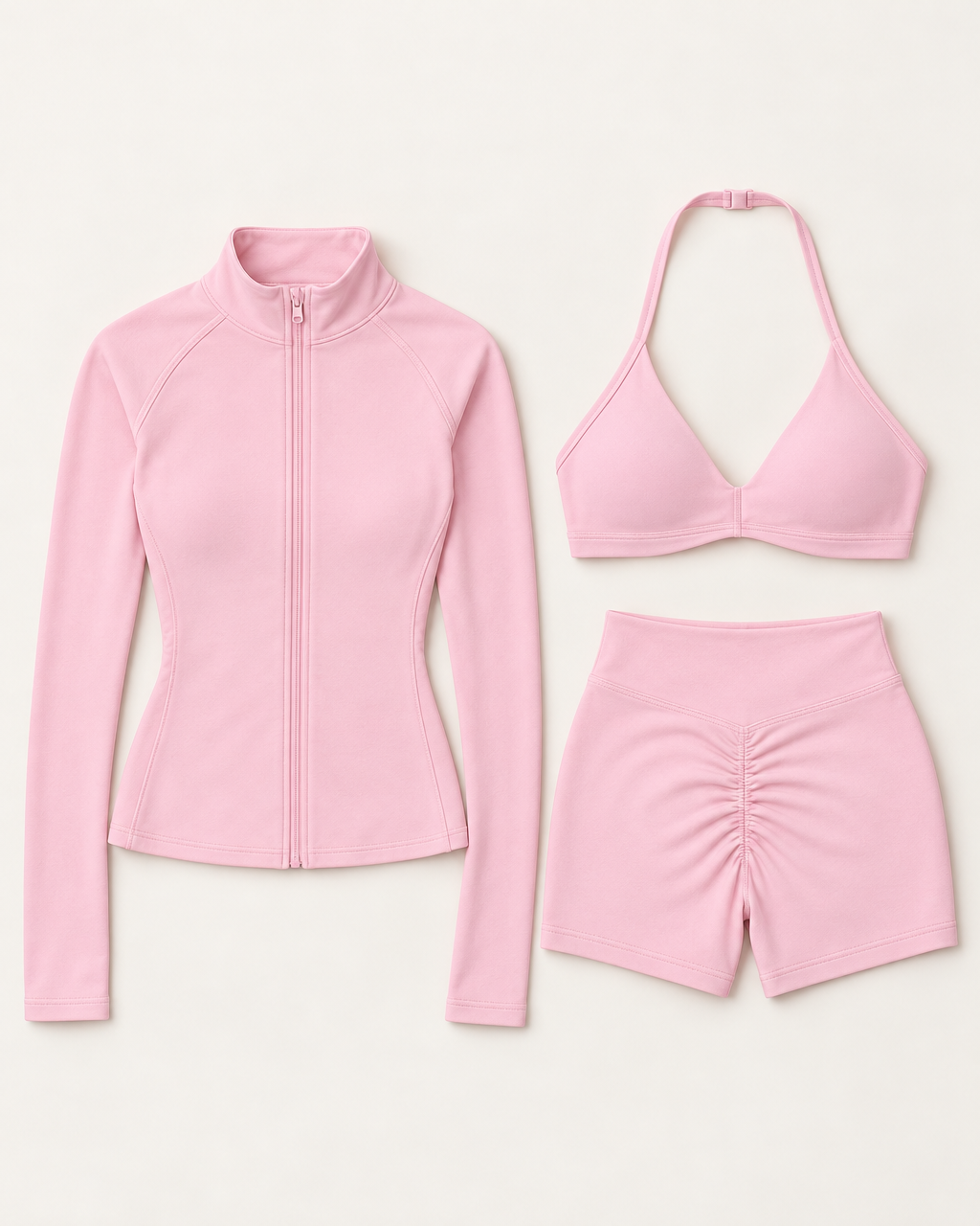 supersculpt-bra-shorts-jacket-set-baby-pink flat lay