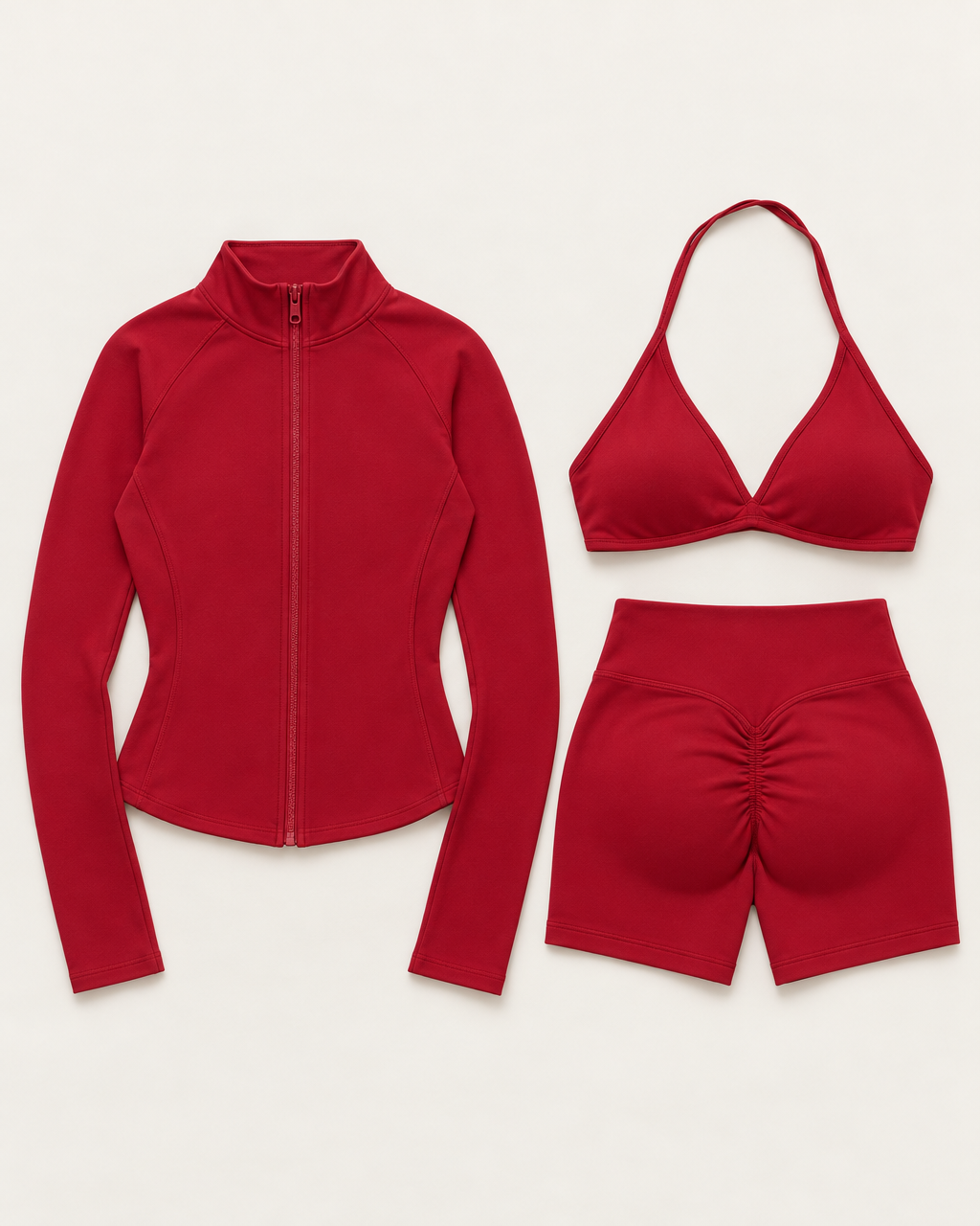 supersculpt-bra-shorts-jacket-set-cherry-red flat lay