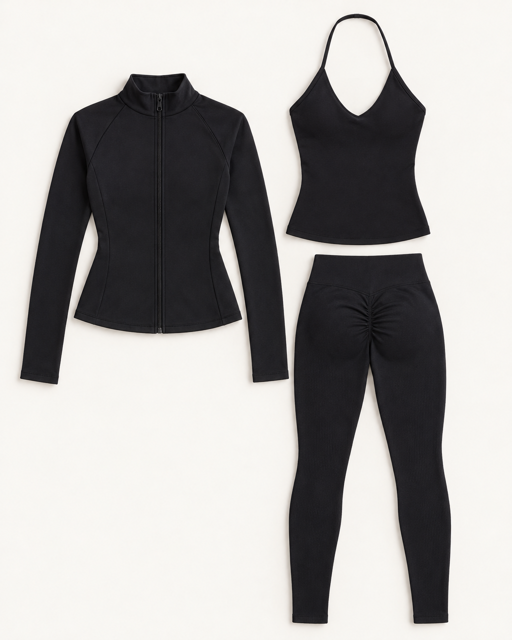 supersculpt-tank-leggings-jacket-set-deep-black flat lay