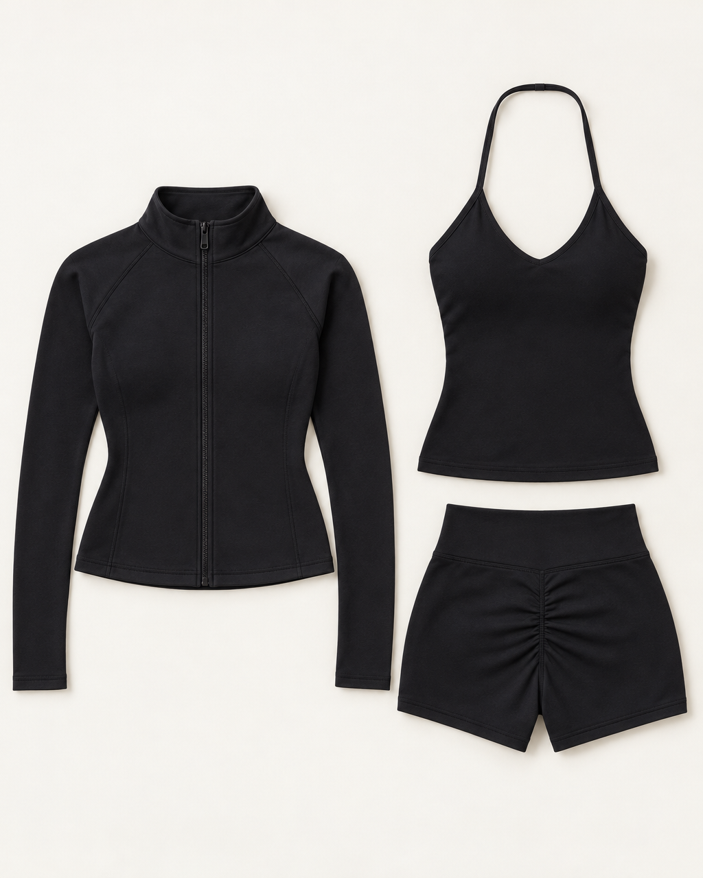 supersculpt-tank-shorts-jacket-set-deep-black flat lay