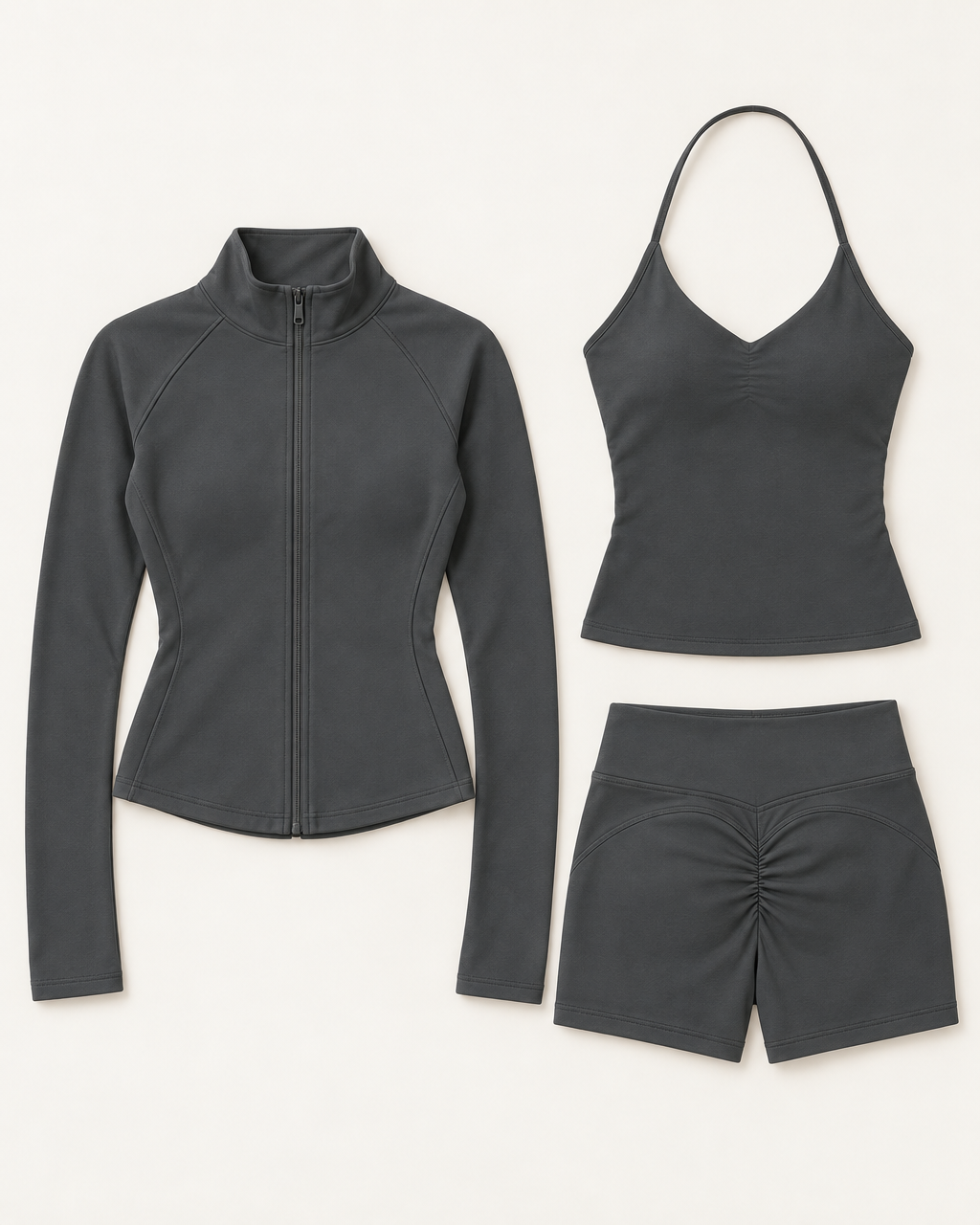 supersculpt-tank-shorts-jacket-set-slate-grey flat lay